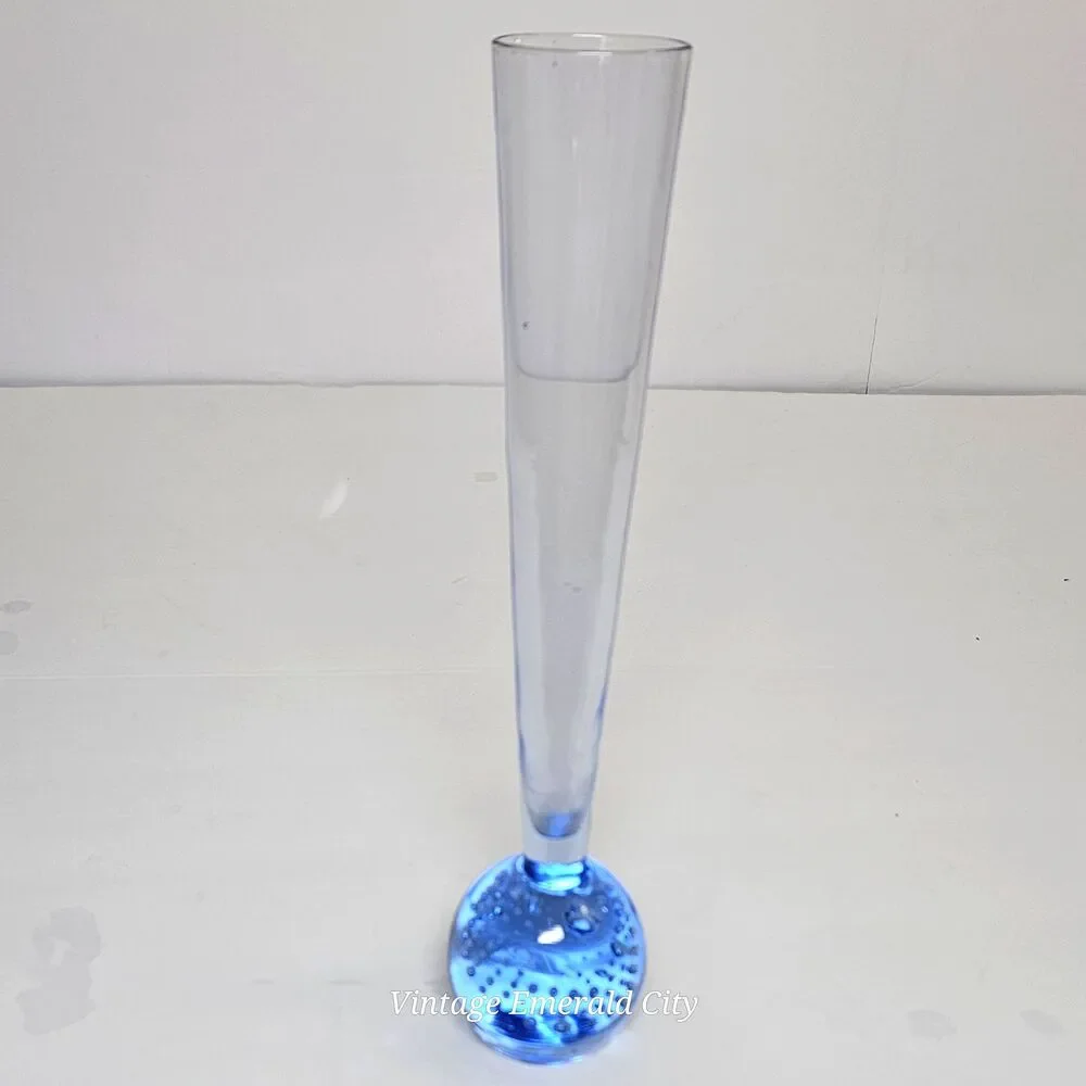 Vtg Clear Blue Fluted Bud Vase Controlled Bubbles Paperweight Bullicante Denmark